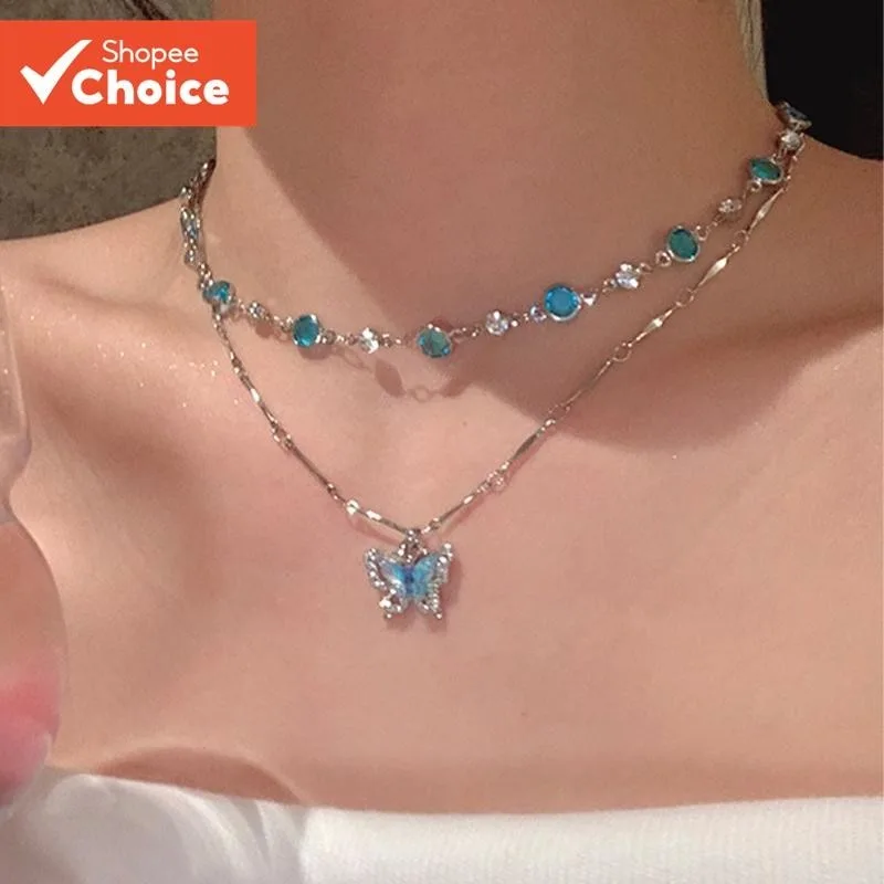 2 cor oceano Original verão legal sentimento borboleta colar acessórios feminino luz luxo nicho clavícula corrente colar