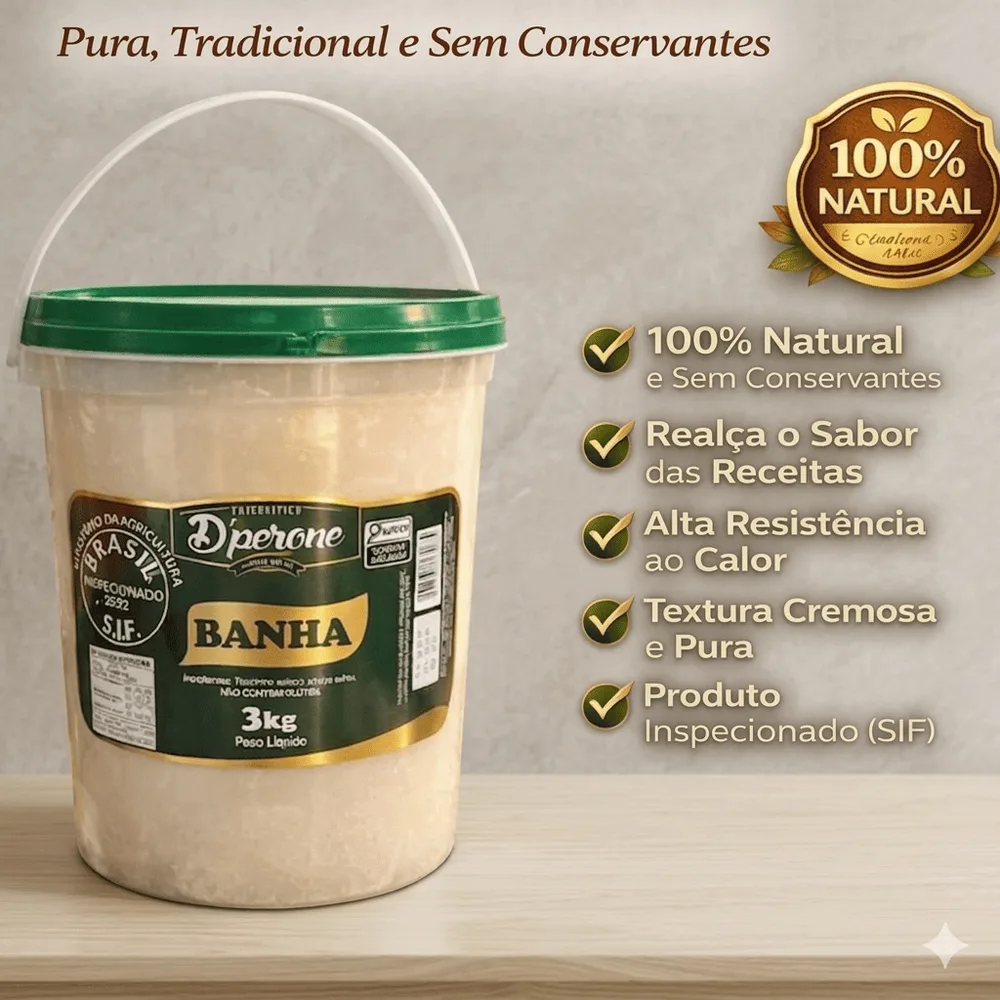 Banha de Porco Pura D'perone Balde 3kg Natural Sem Glúten Ideal para Fritura Dieta Low Carb Saudável