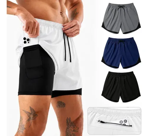 Bermuda Masculina 2 Em 1 Shorts Compressão Dupla Academia