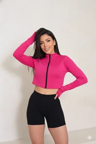Blusa Cropped Academia Feminina Manga Longa Com Dedeira Uv