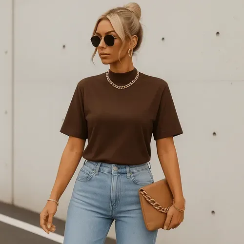 Blusa Moda Feminina T-shirt Básica Gola Alta Lisa