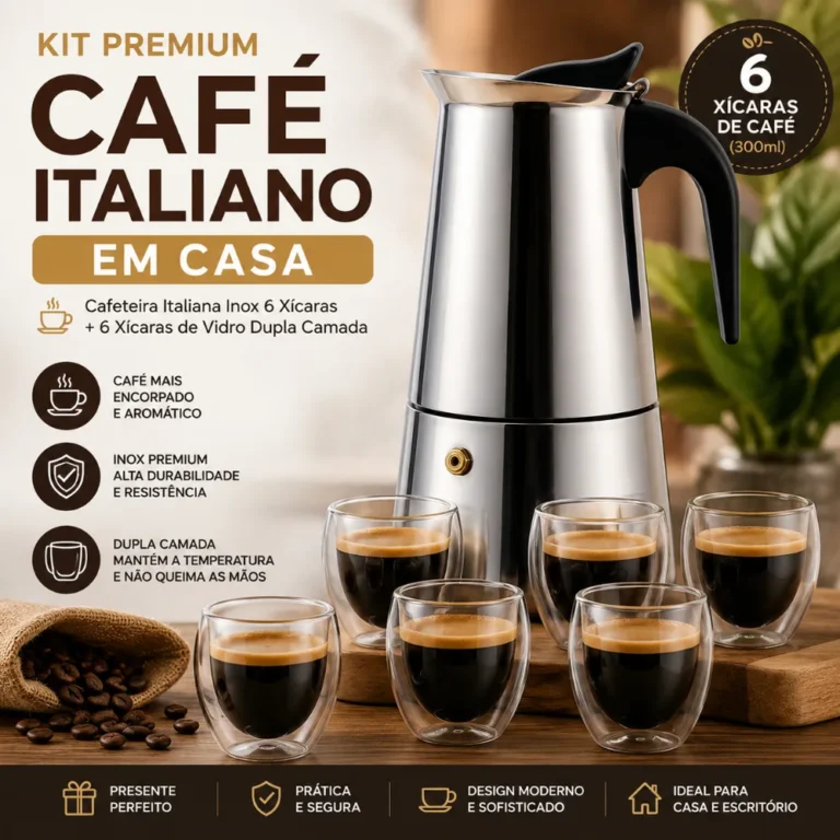 Cafeteira Italiana Inox Premium 300ml 6 Cafés + Copos Térmicos Vidro Espresso
