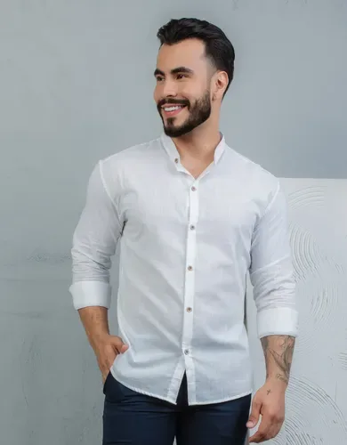 Camisa Masculina Social Gola Padre Linho Premium Moda Luxo