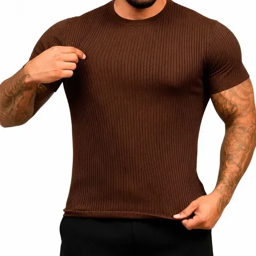 Camiseta Americana Canelada Ribana Justa Textura Básica Moda