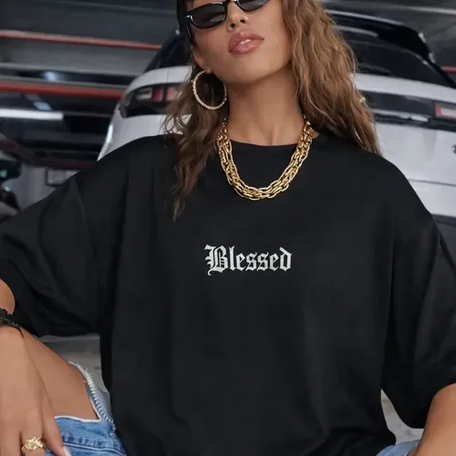 Camiseta Blusa Oversized T-shirt Blessed Em Algodão Feminina