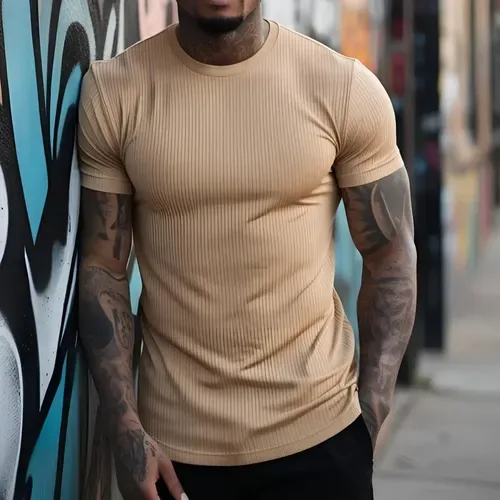 Camiseta Texturizada Elegante Masculina Básica Canelada Slim