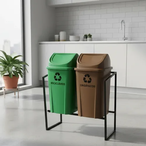 Conjunto 2 Lixeiras Coleta Seletiva C/ Suporte Reforçada