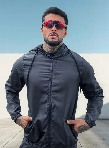 Corta Vento Jaqueta Masculino Proteção Garoa Capuz Gola Alta