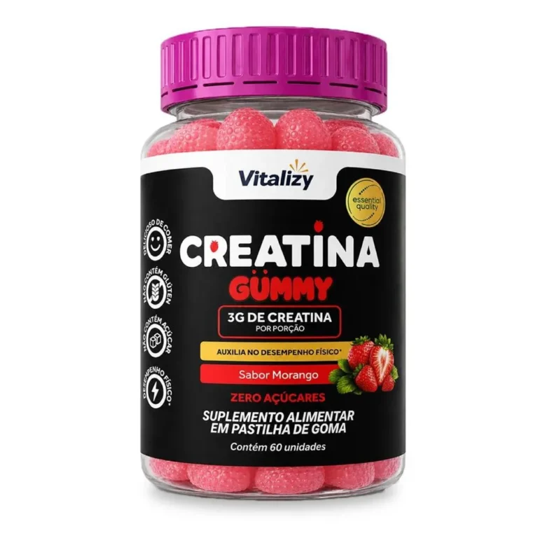 Creatina em Goma Gummy 3g Zero Açúcar 60 Gomas Sabor Morango Vitalizy