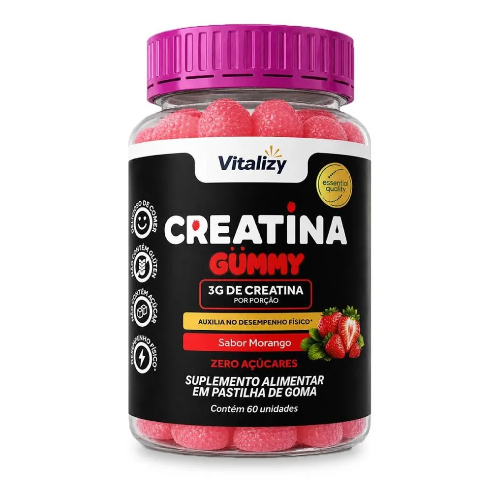 Creatina em Goma Gummy 3g Zero Açúcar 60 Gomas Sabor Morango Vitalizy
