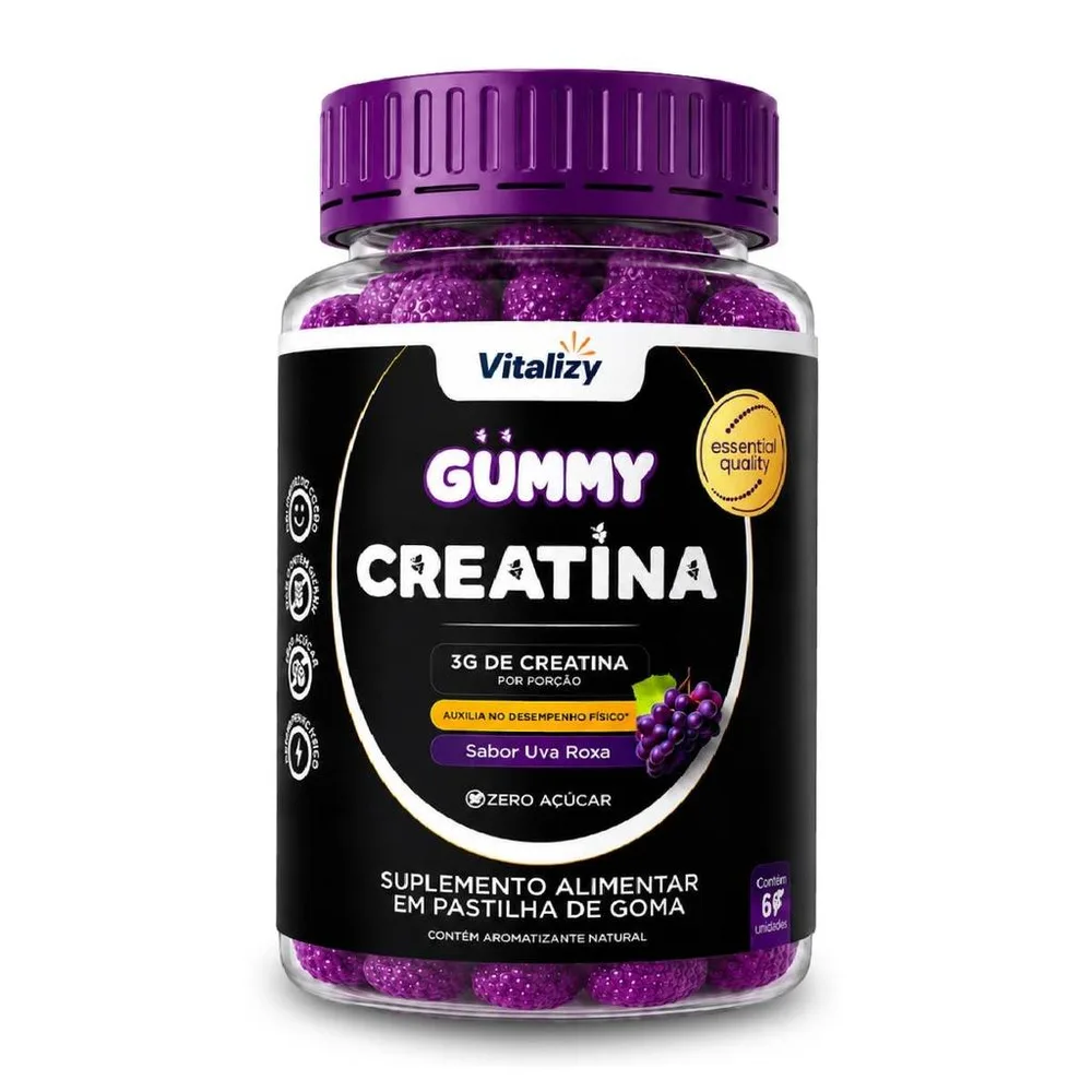 Creatina em Goma Gummy 3g Zero Açúcar 60 Gomas Sabor Uva Roxa Vitalizy