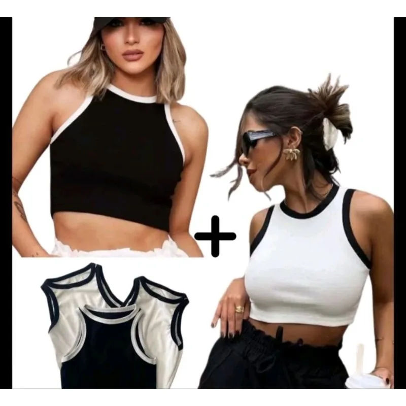 Crooped Bicolor preto e branco Regata Lançamento Réveillon Modinha