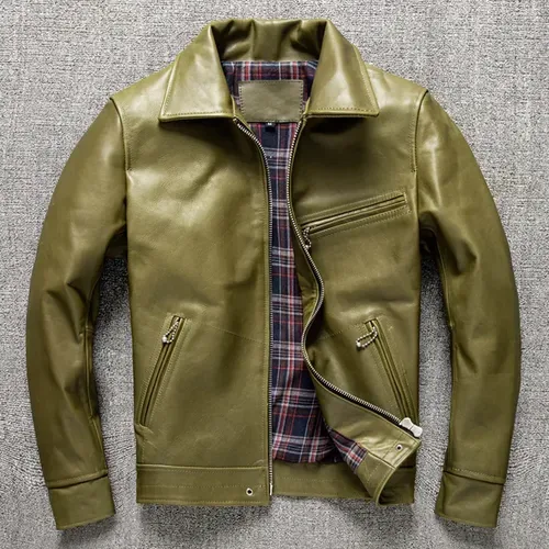 Jaqueta Couro Potro Slim Masculina Verde Militar Zíper