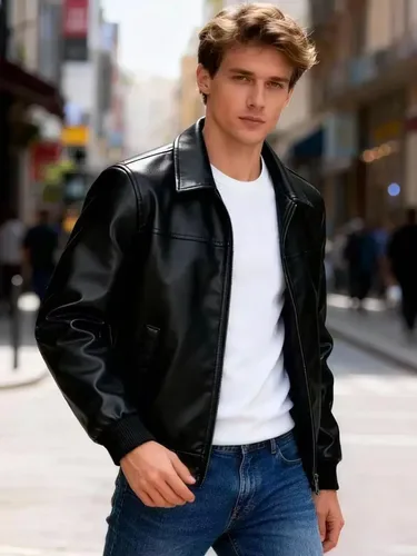 Jaqueta De Couro Pu Slim Fit Masculina, Lapela, Zíper, Moda