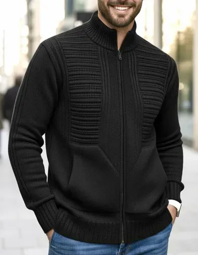Jaqueta Masculina Zíper Bolsos Blusa De Frio Grossa Lã Trico