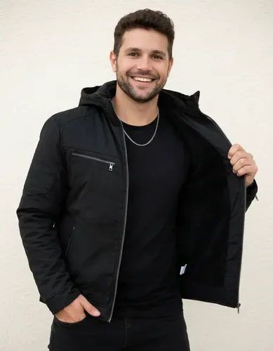 Jaqueta Sarja Masculina Forrada Com Capuz Removível Frio