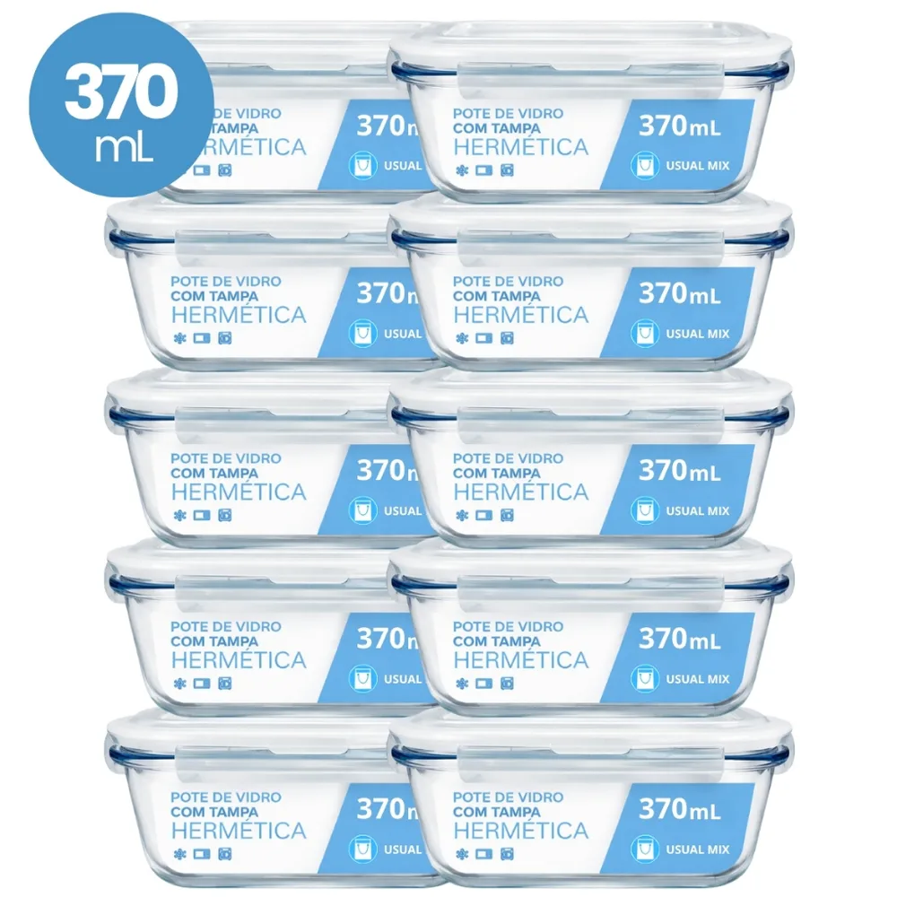 Kit 10 Pote Vidro Hermético Marmita 370ml Micro-ondas Freezer Forno Organização Geladeira