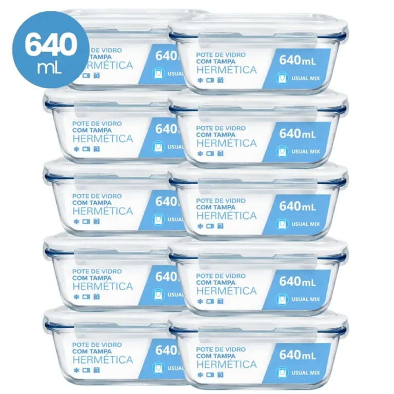 Kit 10 Pote Vidro Hermético Marmita 640ml Micro-ondas Freezer Forno Organização Geladeira