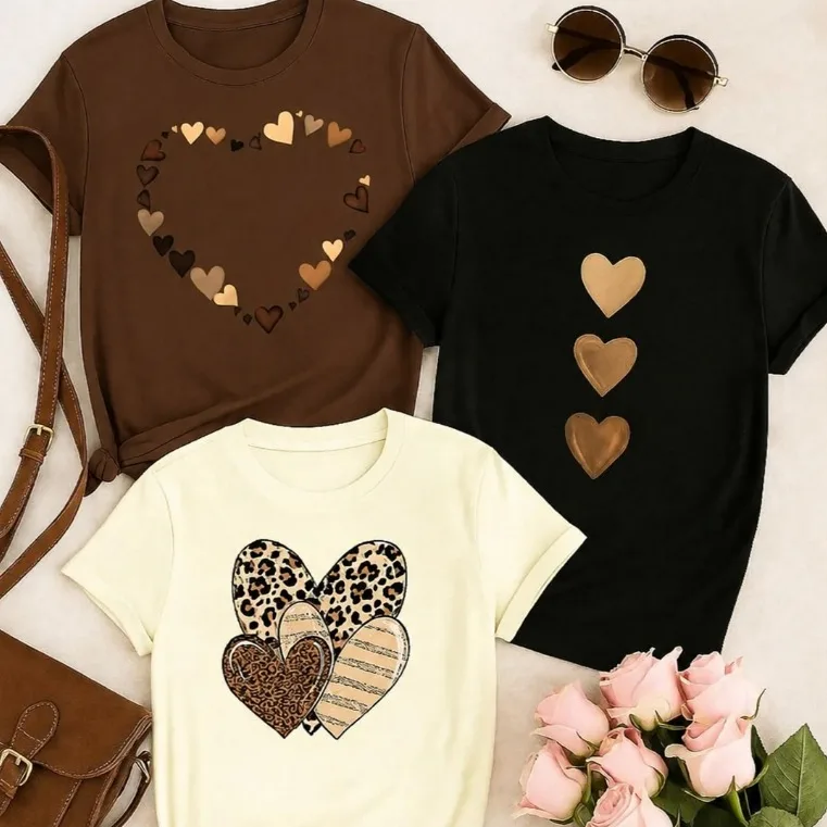 Kit 3 Camisetas Femininas Estampadas Coração Casual Blusas T-Shirt Algodão Moda Blogueira Looks Dia a Dia