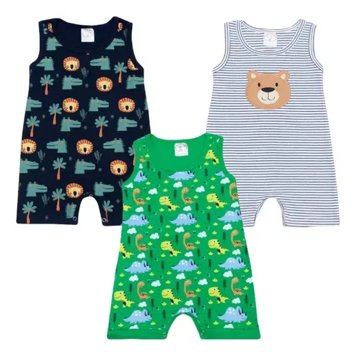 Kit 3 Macacão Bebê Romper Banho De Sol Regata Sortido