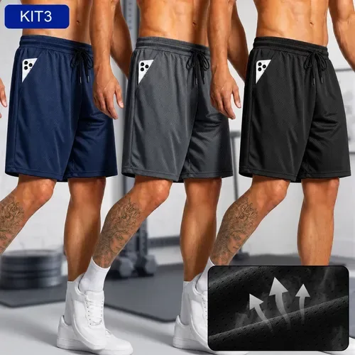 Kit 3 Short Malha Bermuda Elastano Masculina Academia Treino