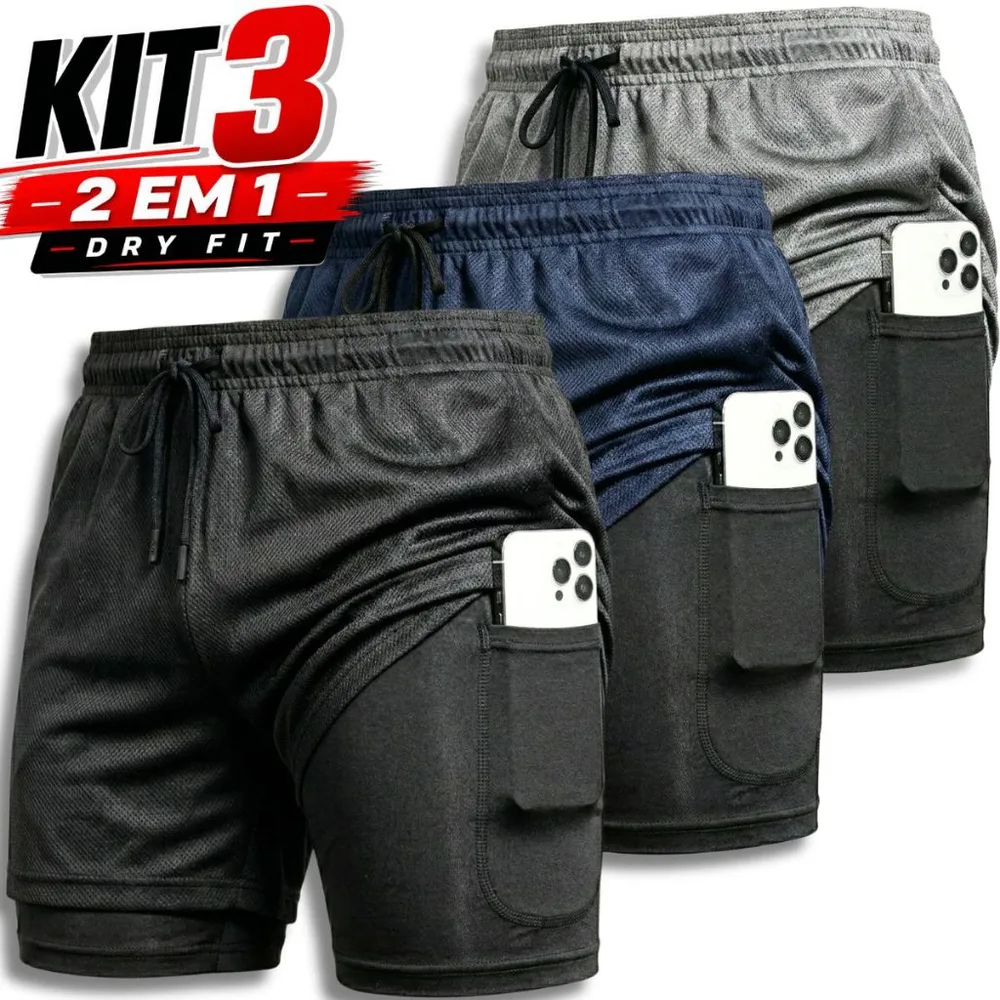 Kit 3 Shorts 2 em 1 Dryfit Masculino Academia Corrida Treino Bermuda comprime Seca Rápida Confortável Fitnes