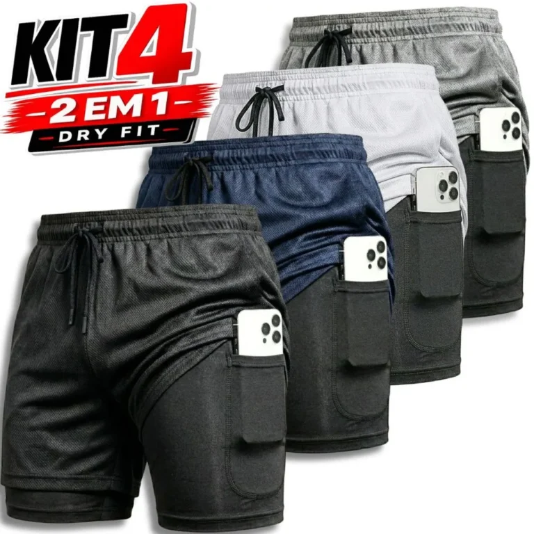 KIT 4 Shorts 2 em 1 Masculino Dry Fit Academia Corrida Fitness Compressão Bolso Celular Musculação
