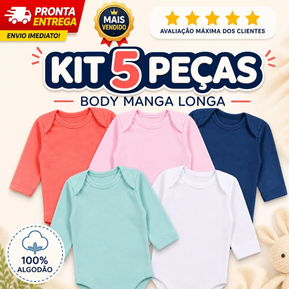 Kit 5 Unidades Body Manga Longa Bebê Infantil