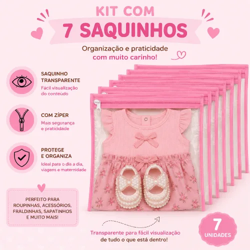 Kit 7 Saquinhos Maternidade Organizador Mala Bebê Mala/Viagem/Roupa Molhada e Seca