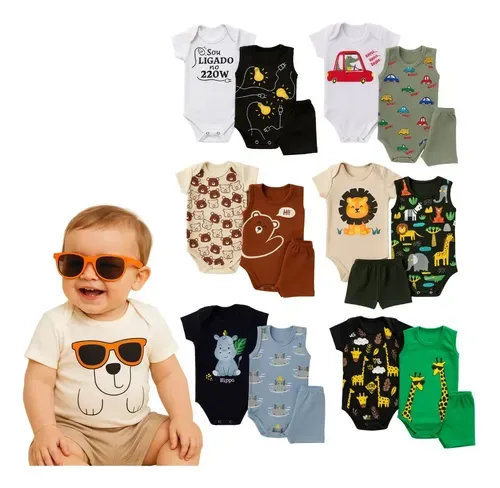 Kit 9 Peças Body Bebê Menino Verão Algodão Roupas Full
