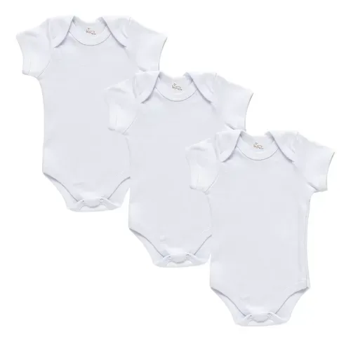 Kit Body Bebê Branco 3 Peças Manga Curta 100% Algodão
