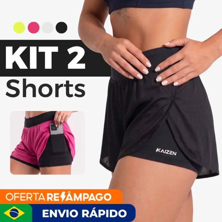 KIT COM 2 SHORTS FEMININO 2 EM 1 Dry Fit C/ Bolso Porta Celular Kaizen Para Treinar na Academia ou Corrida