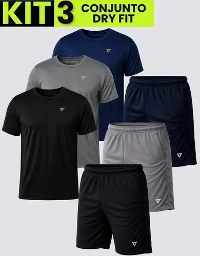 Kit Com 3 Conjuntos Academia Masculino Dry Fit Shorts+camisa