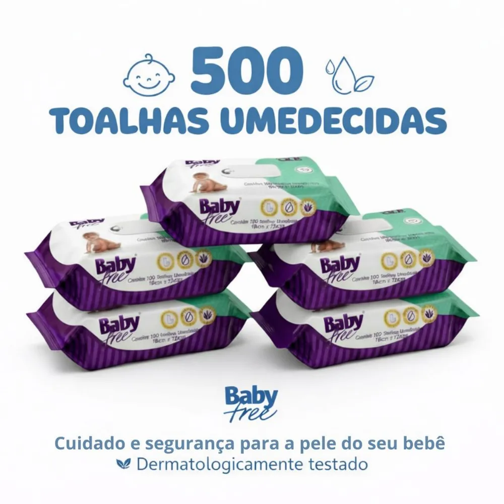 KIT COM 5 PACOTES TOALHAS UMEDECIDAS/LENÇOS BABY FREE C/100