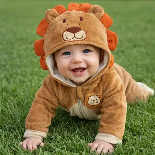 Macacão Bebê Plush Capuz Leão Orelhas Fantasia Menino Roupa