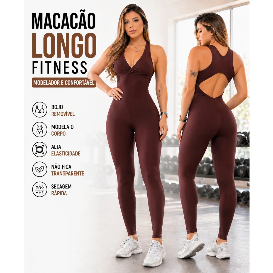 Macacão Fitness Longo Legg Treino Academia Zero Transparência Bojo removível Confortável Premium