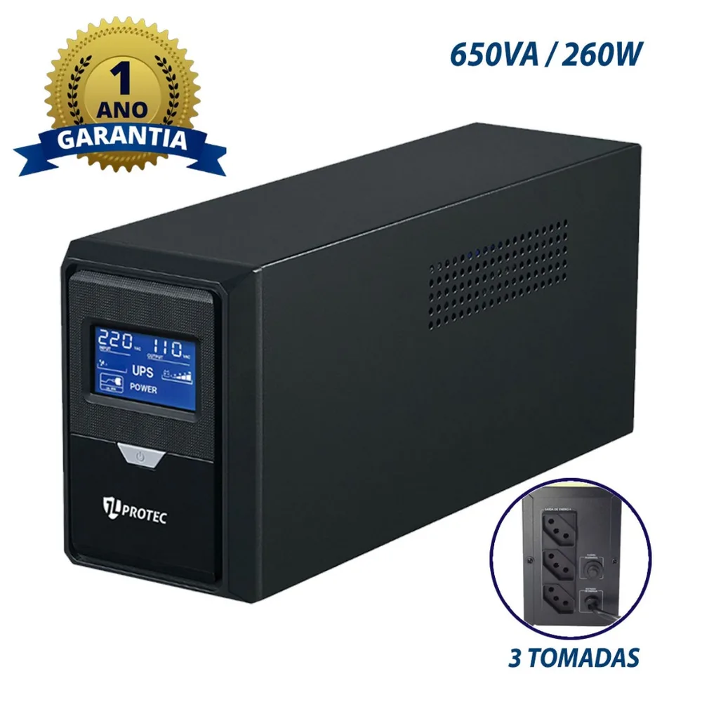 Nobreak JLProtec 650VA c/ 3 Tomadas Proteção e Estabilidade para Equipamentos de 120V 220V ou Bivolt