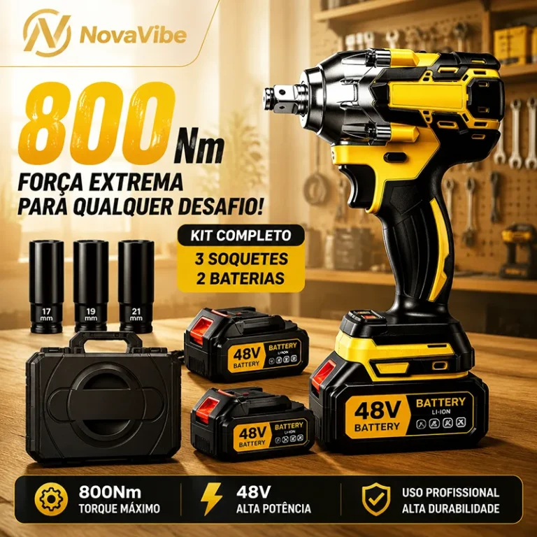 Parafusadeira Chave de Impacto 48V 800Nm Elétrica Sem Fio Alta Potência, Kit Completo com Soquetes e Maleta para Oficina