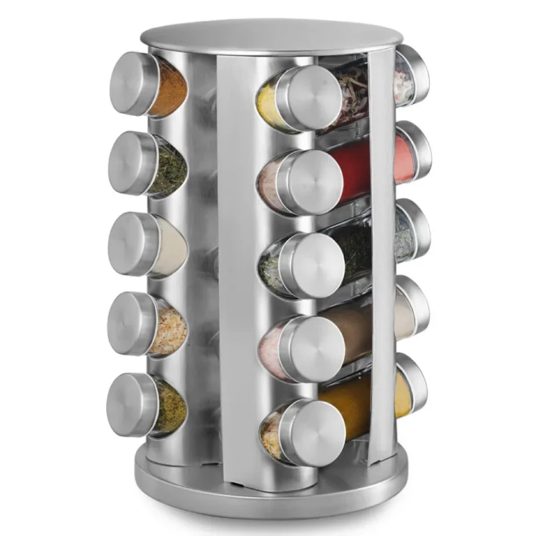 Porta Tempero Giratório 20 Potes Vidro e Inox: O Organizador de Condimentos Perfeito para Sua Cozinha