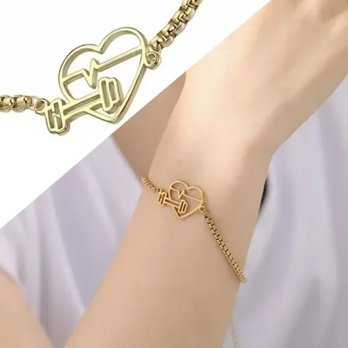 Pulseira Coração Academia Feminina Pingente Halter Aço Inox