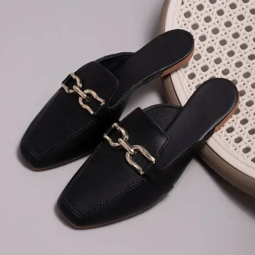 Sapato Mule Feminino Confortável Bico Quadrado Rasteira Moda