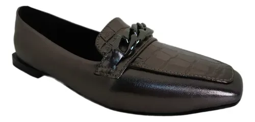 Sapato Pewter Metalizado, Com Pala Estampada E Corrente Onix
