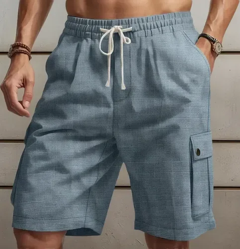 Shorts Cargo Masculinos De Linho Cor Sólida