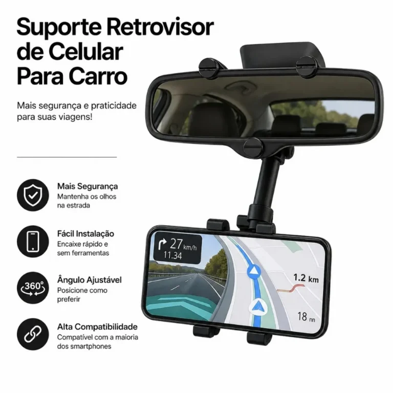 Suporte Retrovisor de Celular Para Carro Central Extensível Giro 360º Facil Instalação Todos Celular