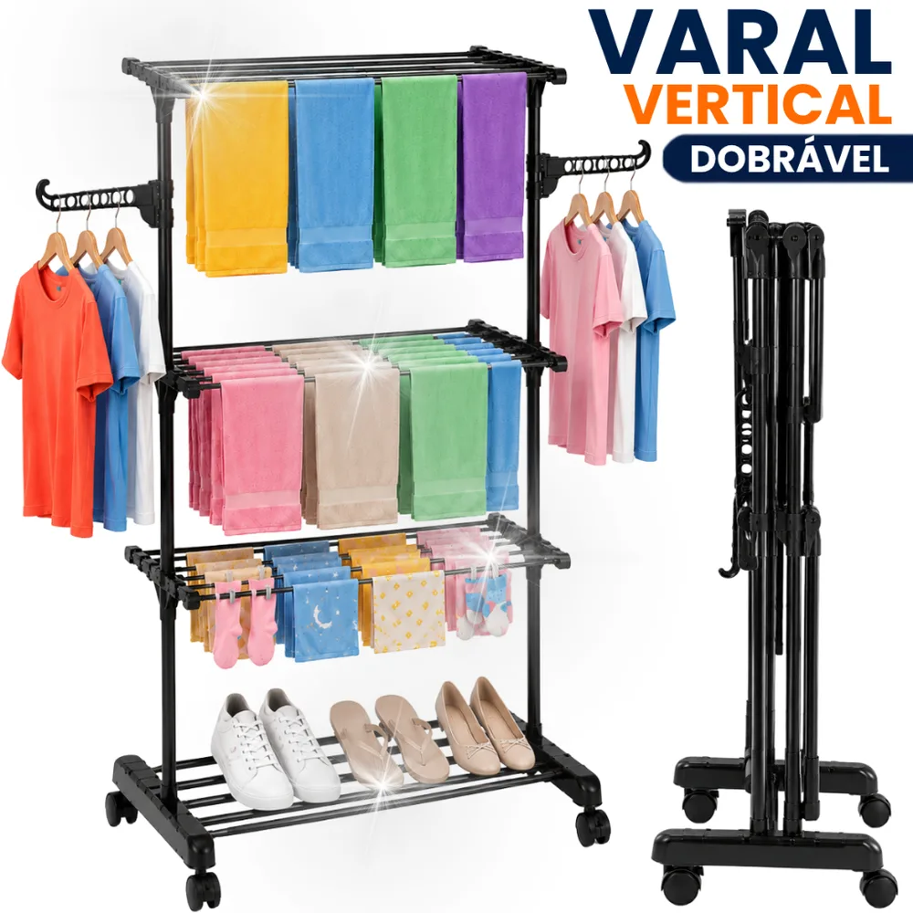 Varal Vertical Dobrável Com Rodinhas Articulado 3 Níveis Andares Organizador Roupas Toalhas Pouco Espaço Apartamento