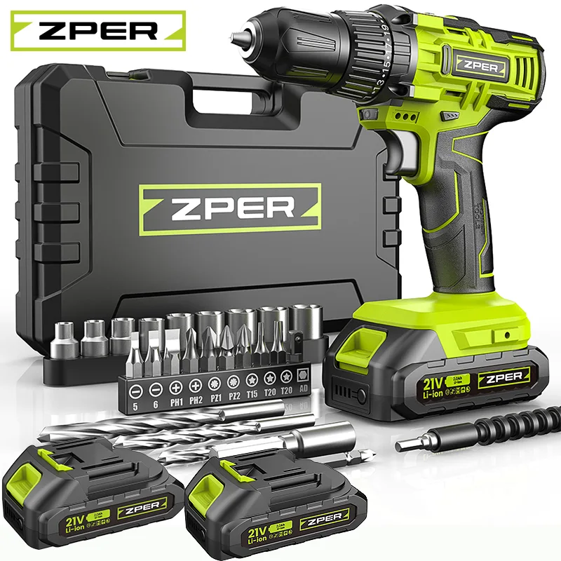 ZPER Furadeira Parafusadeira A Bateria 21V Com Duas Bateria Maleta Kit Ferramentas Completo