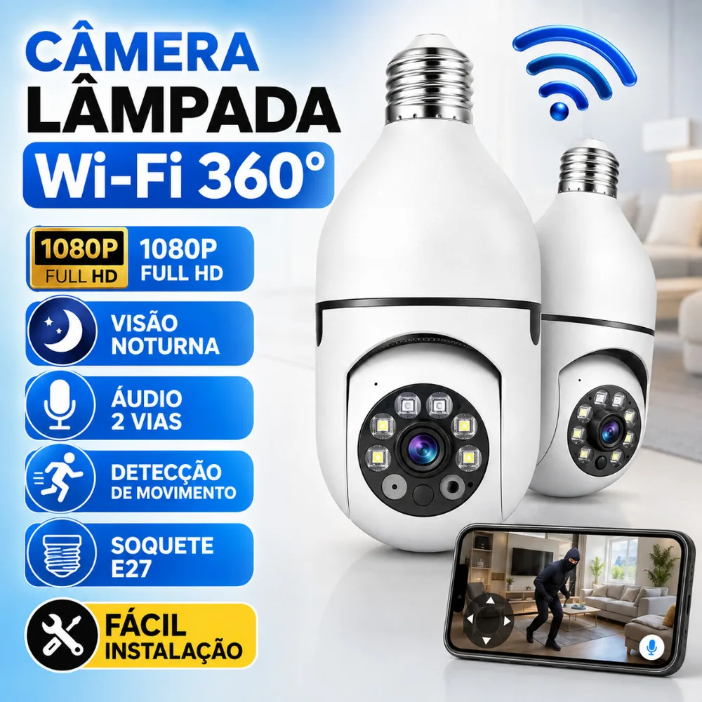 2 Câmeras segurança wi-fi ip sem fio encaixe lampada aplicativo full HD visão noturna