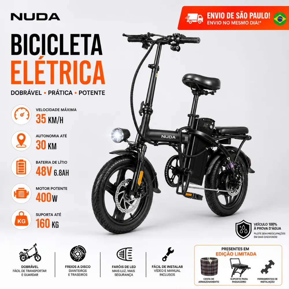 Bicicleta Dobrável Elétrica 400W 48V Bateria Removível LED Freio a Disco Compacta Até 160kg