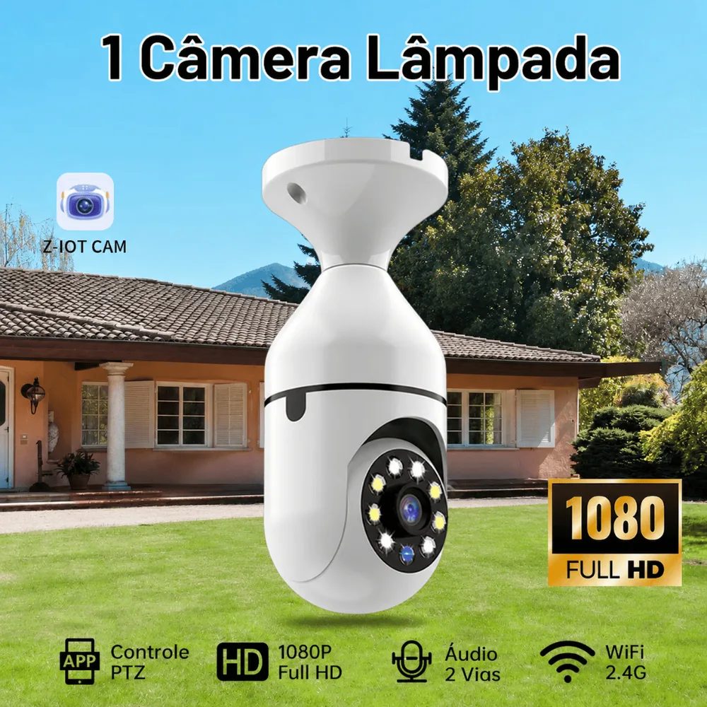 Câmera Lâmpada E27 WiFi 360° PTZ 1080P Segurança Visão Noturna Detecção de Movimento Áudio Duas Vias
