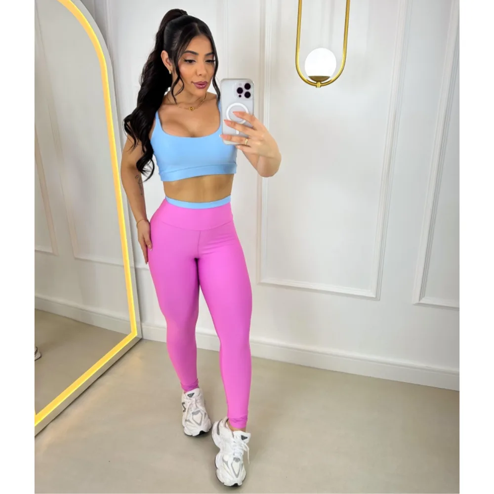 Conjunto Fitness Calça Legging e Top com Bojo Feminino Bicolor Academia Costura Reforçada Cós Alto